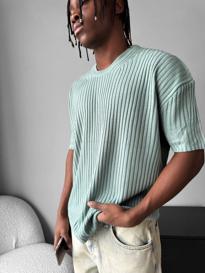 Loose Fit Ribbed Knit T-Shirt - Mint