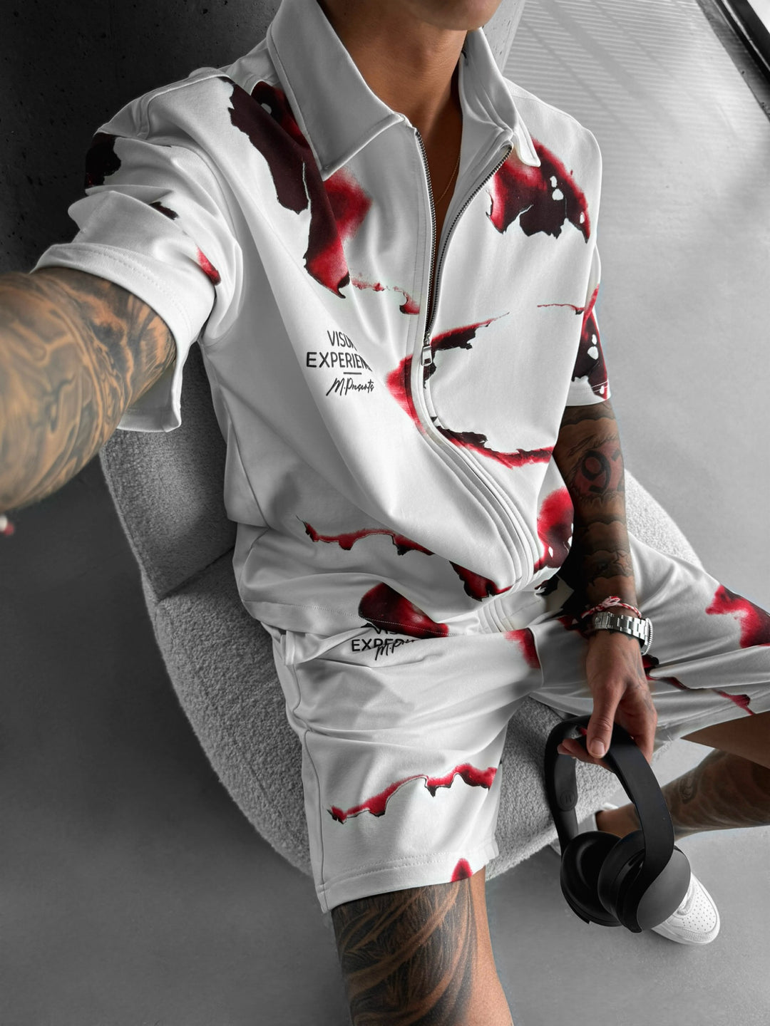 Oversize Burned Paper Zipper Shirt - White and Red