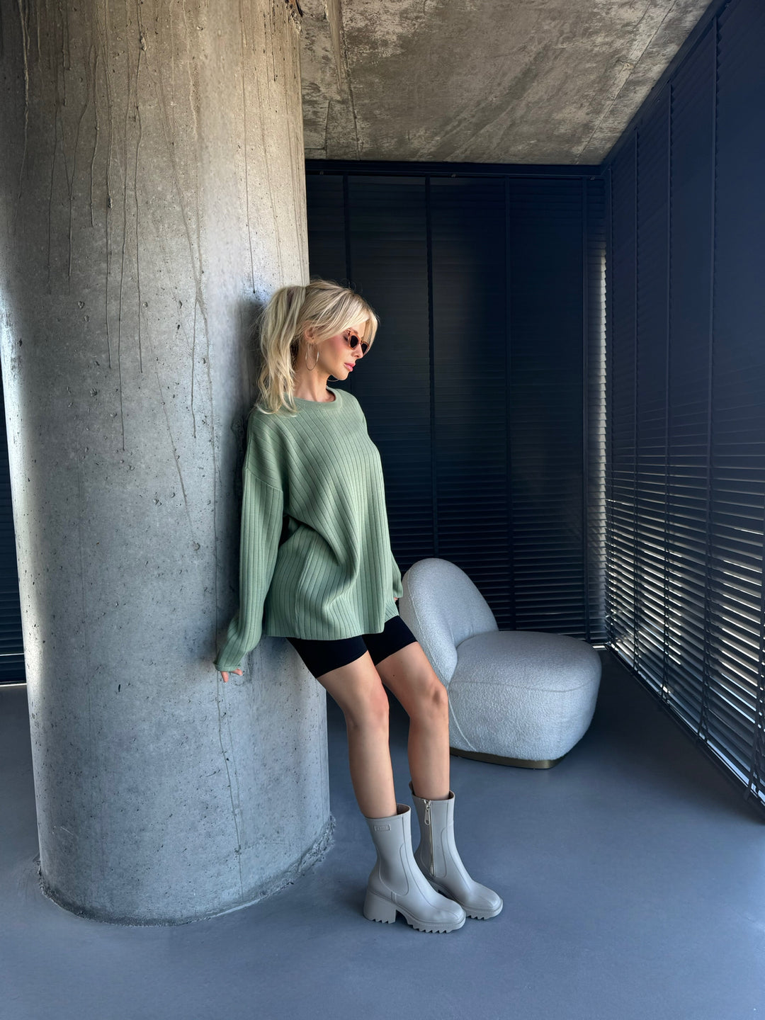 Oversize Wide Ribbed Long Arm Knit Sweatshirt - Grass