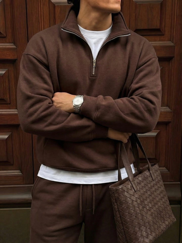 Oversize Half-Zip Polo Sweatshirt - Chocolate Brown