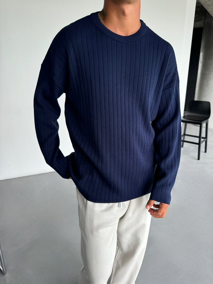 Oversize Wide Ribbed Long Arm Knit Sweatshirt - Navy Blue