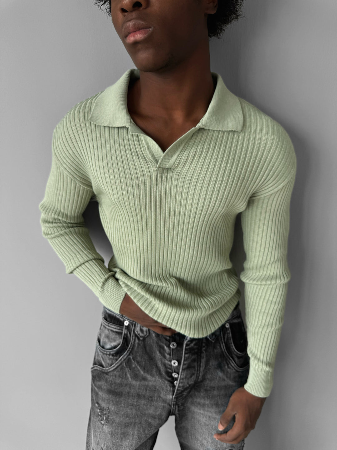 Slim Fit Knit Polo Sweater - Mint