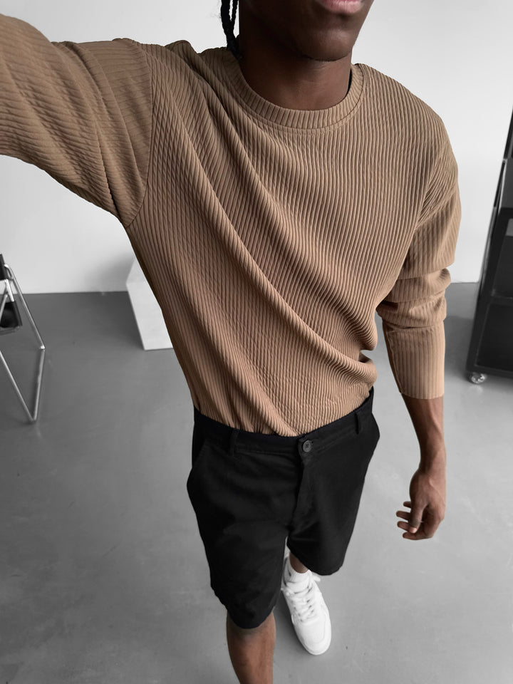 Oversize Ribbed Long Arm T-shirt - Brown