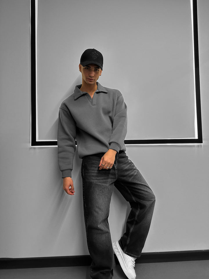 Oversize Basic Polo Sweatshirt - Anthracite