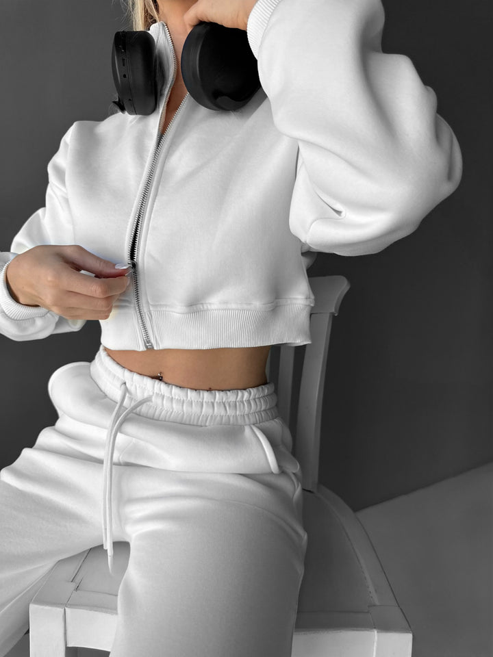 Short Women Zipper Pullover - Ecru
