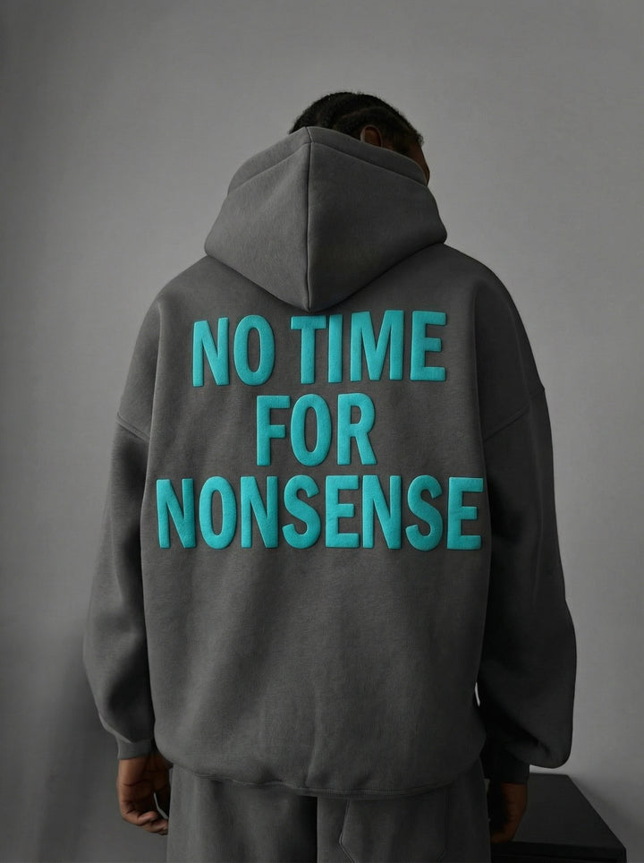 Oversize “No Time for Nonsense” Hoodie - Anthracite and Blue