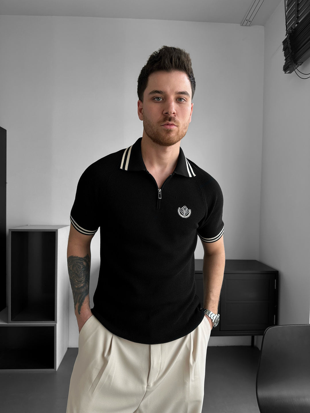 Slim Fit Half-Zip Embroidered Polo T-shirt - Black
