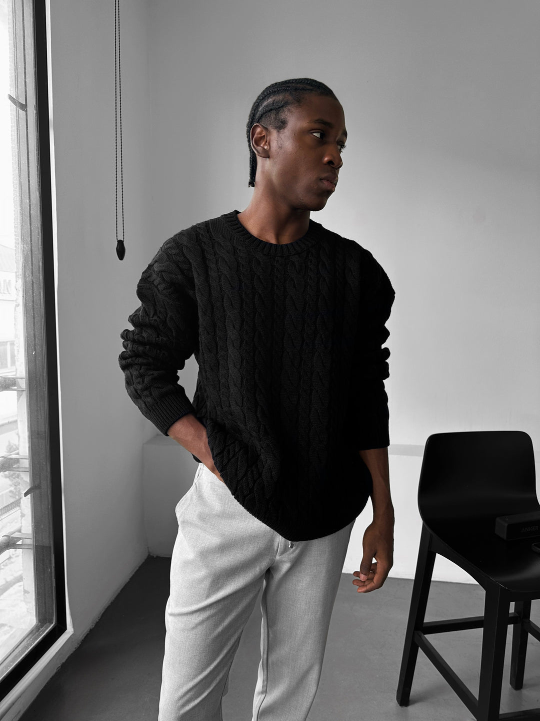Oversize Knit Braid Sweater - Black