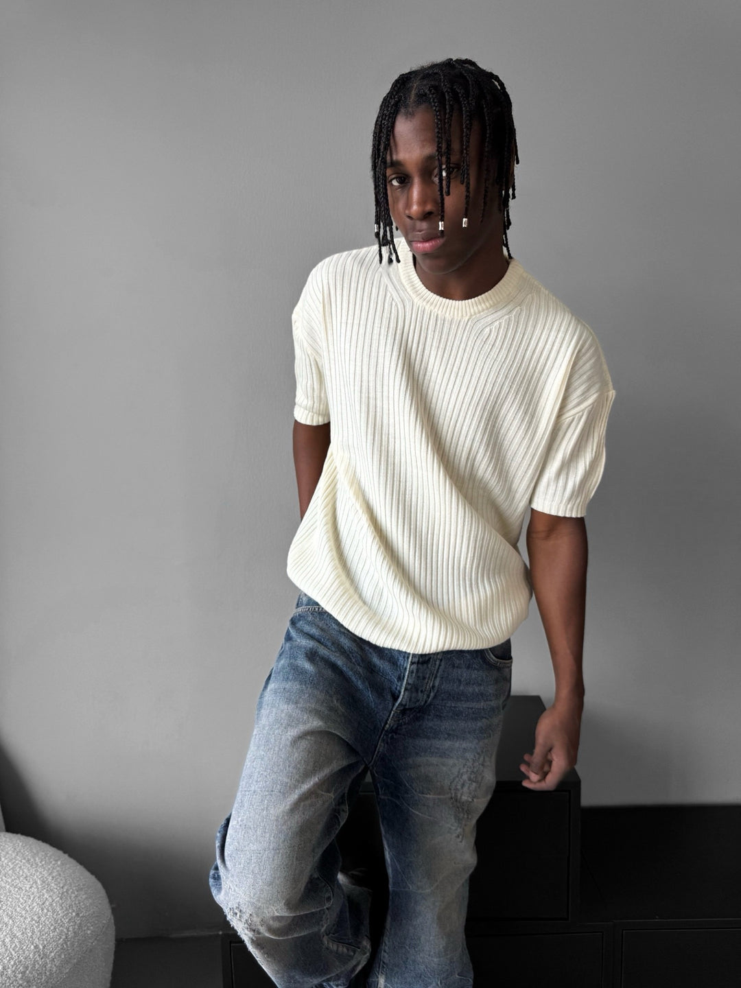 Loose Fit Ribbed Knit T-Shirt - Cremé