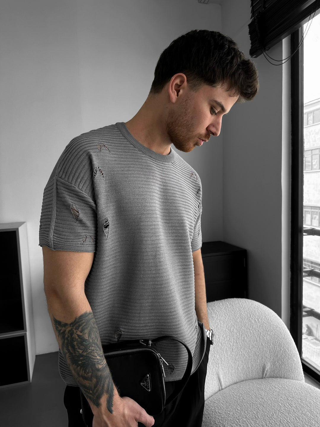 Loose Fit Torn Ribbed Knit T-Shirt - Grey Melange