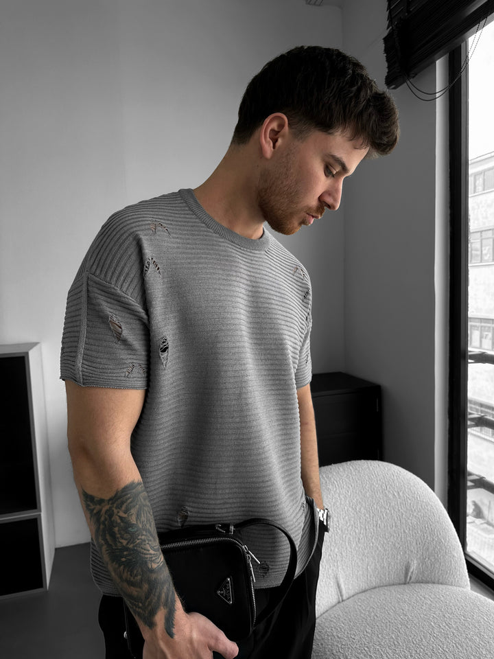 Loose Fit Torn Ribbed Knit T-Shirt - Grey Melange