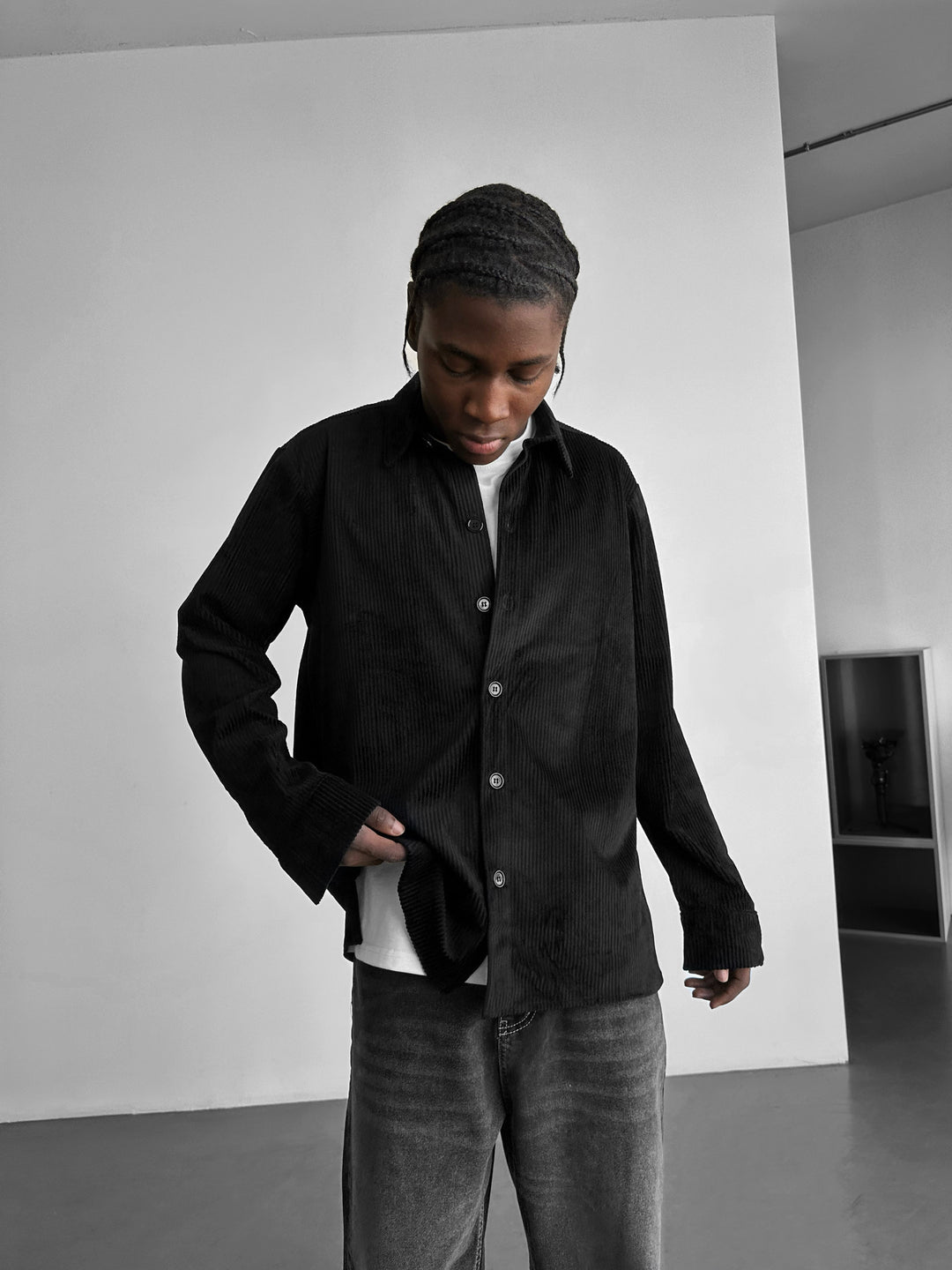 Regular Fit Velvet Shirt - Black