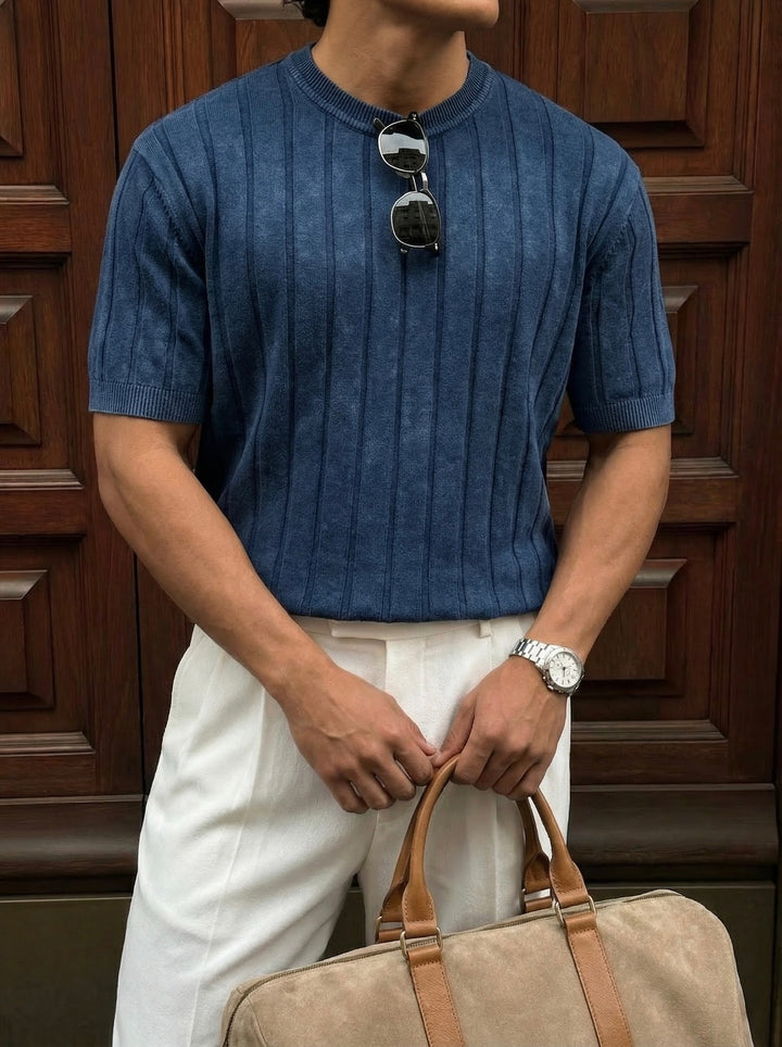 Slim Fit Washed Lines Knit T-Shirt - Blue