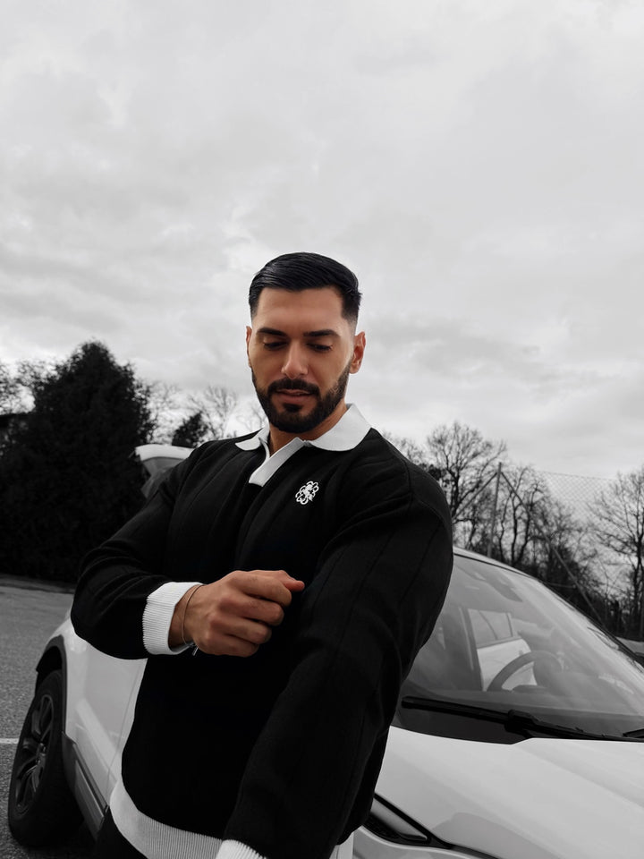 Oversized Embroidered Polo Sweater - Black