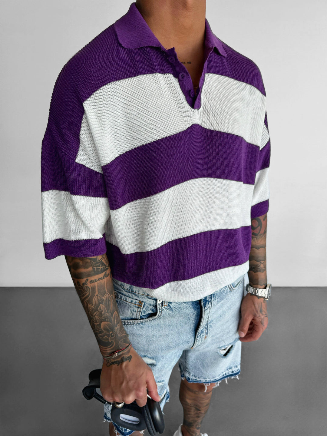 Loose Fit Lines Knit Button Collar T-shirt - Acai