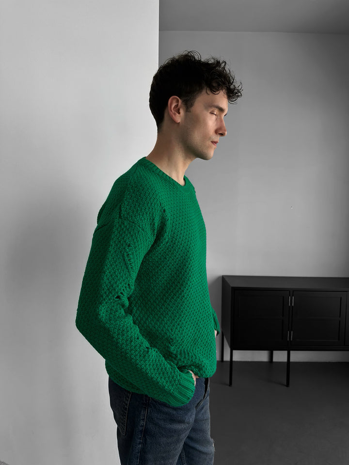 Regular Fit Textured Torn Sweater - Green