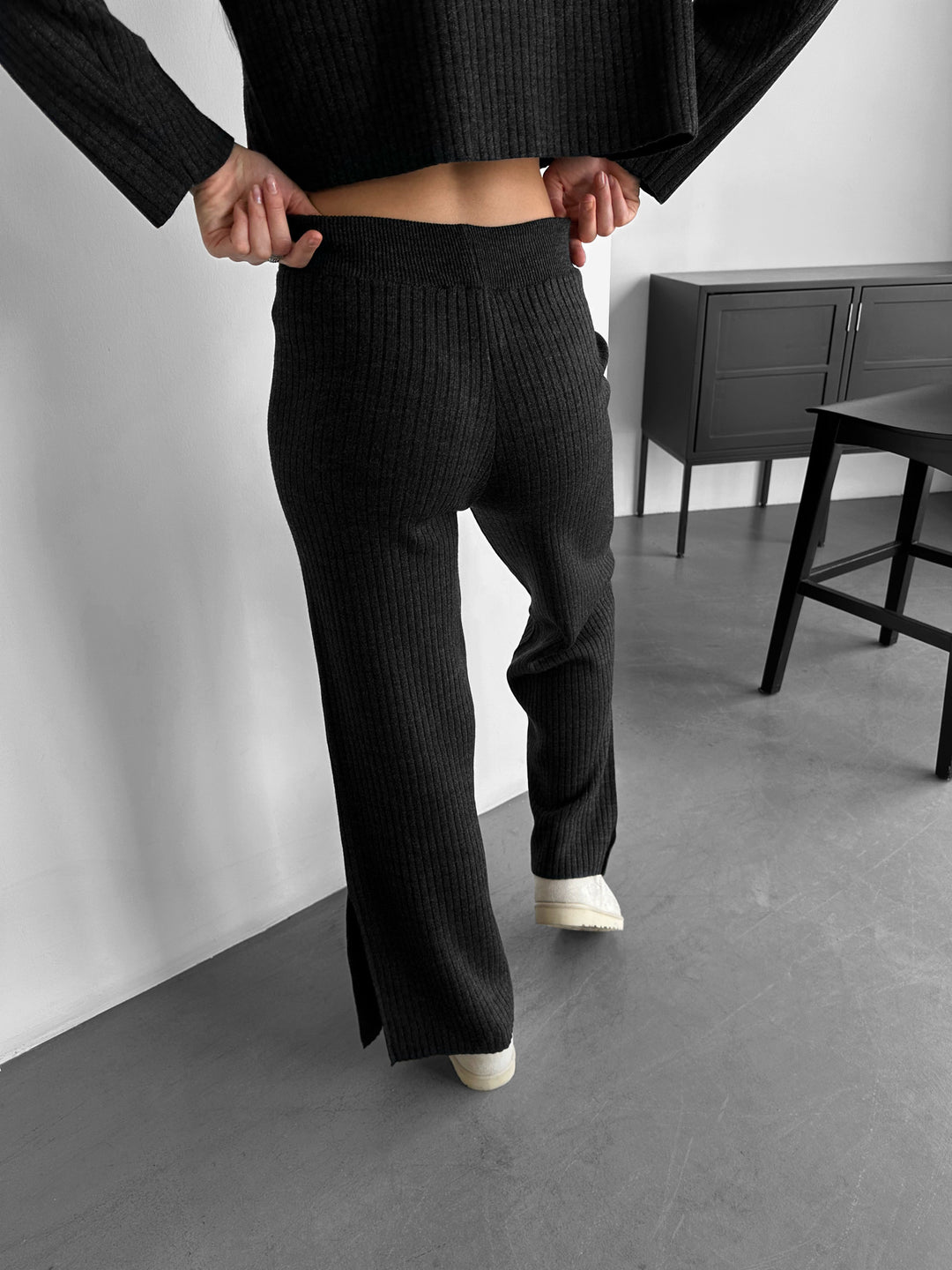 Wide Leg Knit Trousers - Anthracite