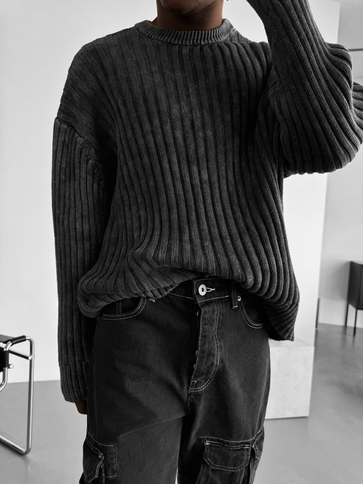 Oversize Ribbed Washed Sweater - Black