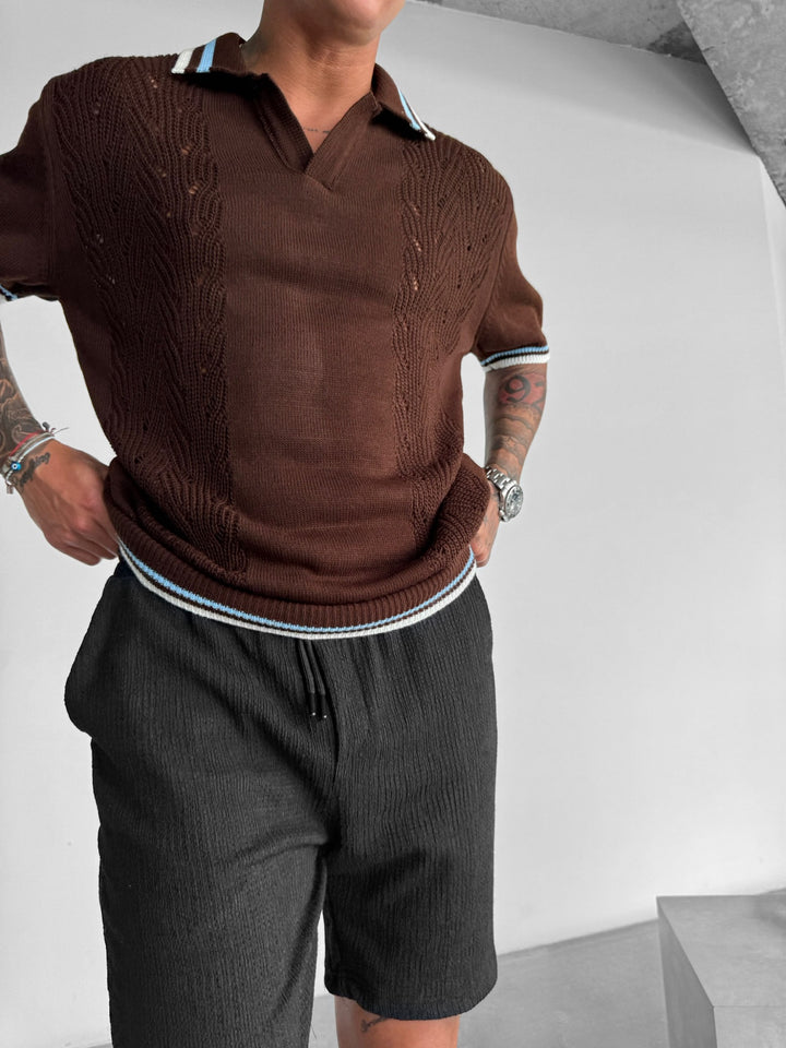 Slim Fit Detail Knit Polo T-Shirt - Brown