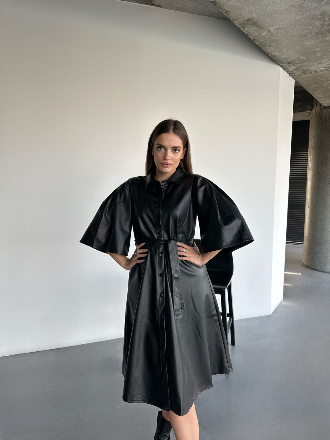 Leather Midi Dress - Black