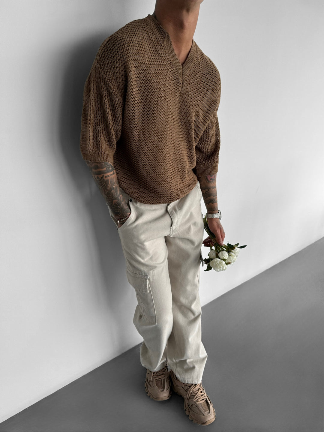 Oversize V Neck Knit T-shirt - Brown