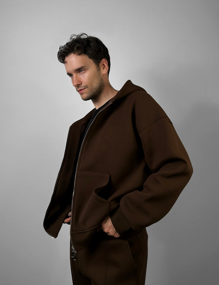 Loose Fit Double-Zip Hoodie - Brown