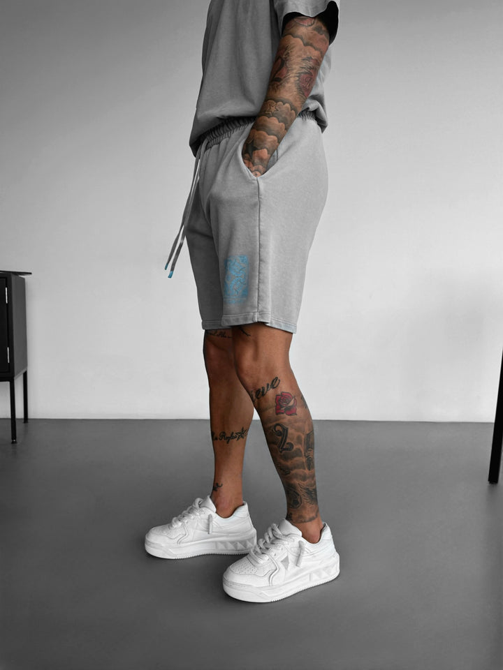 Loose Fit Printed Washed Shorts - Grey