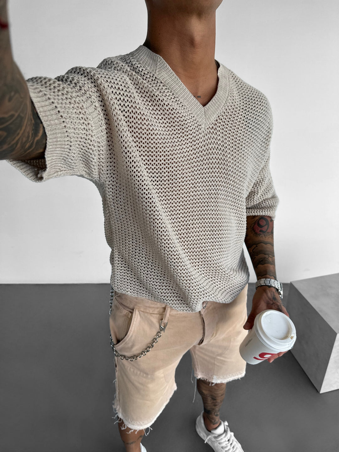 Oversize V Neck Knit T-shirt - Beige