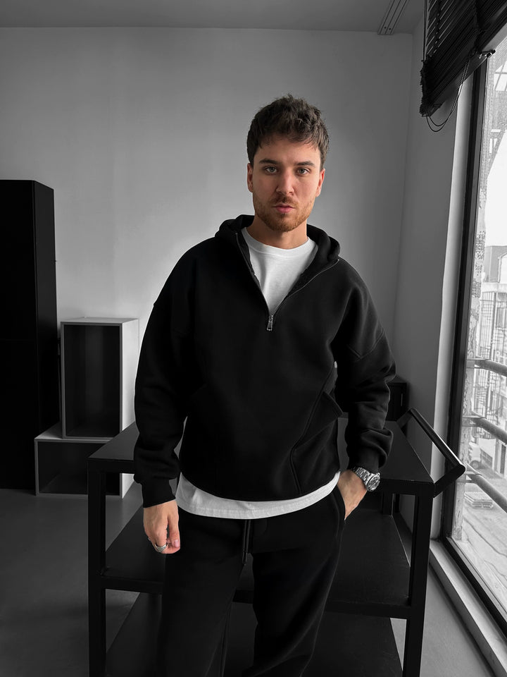 Loose Fit Half-Zip Basic Hoodie - Black