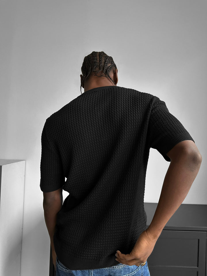 Regular Fit Waffle Button T-shirt - Black