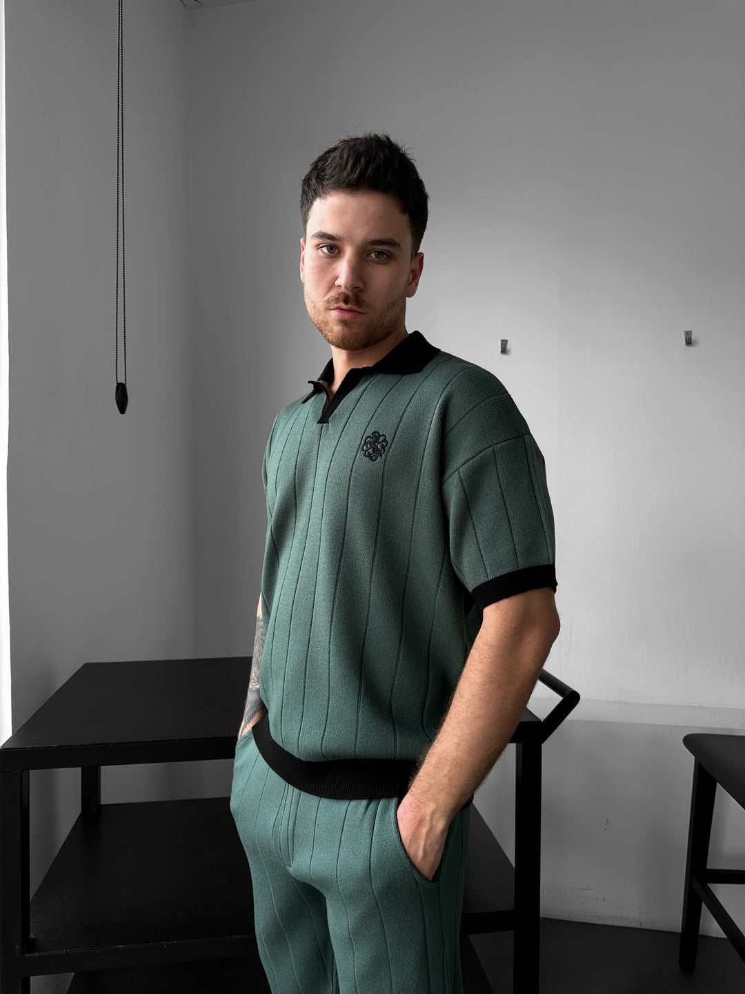 Loose Fit Embroidered Polo T-shirt - Petrol