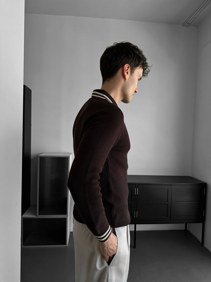 Slim Fit Half-Zip Embroidered Polo Sweater - Dark Brown