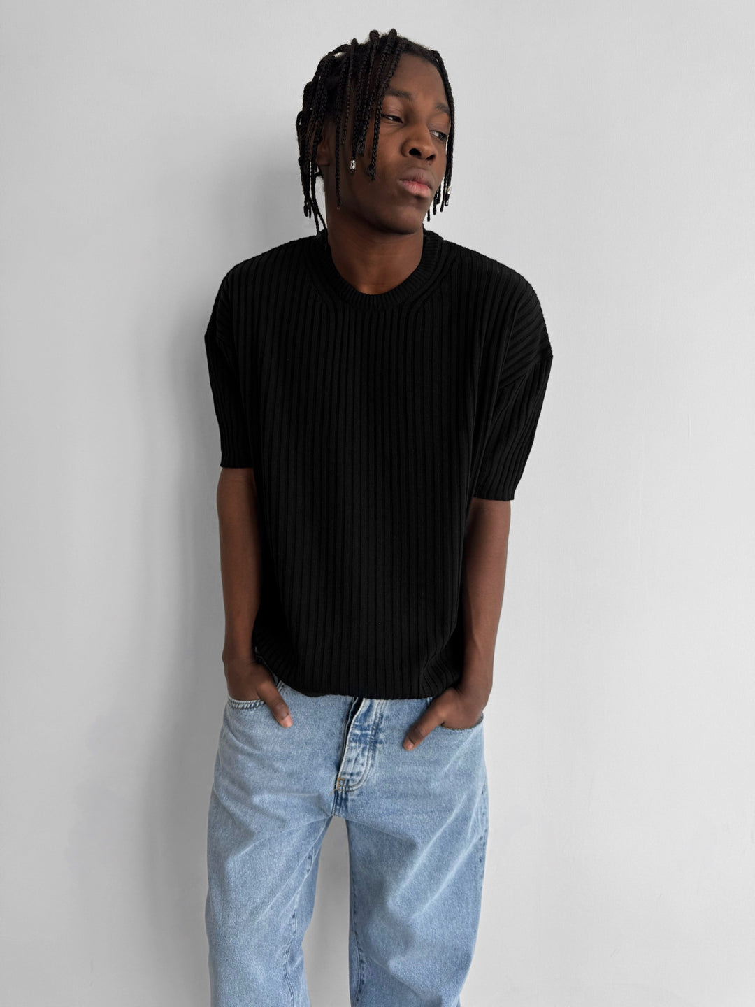 Loose Fit Ribbed Knit T-Shirt - Black