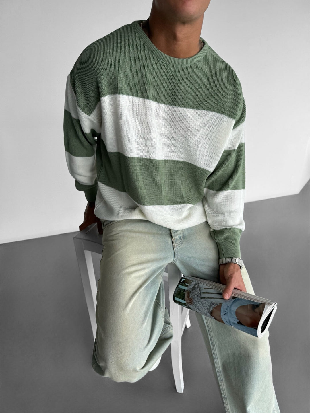 Loose Fit Strip Knit Sweater - Green