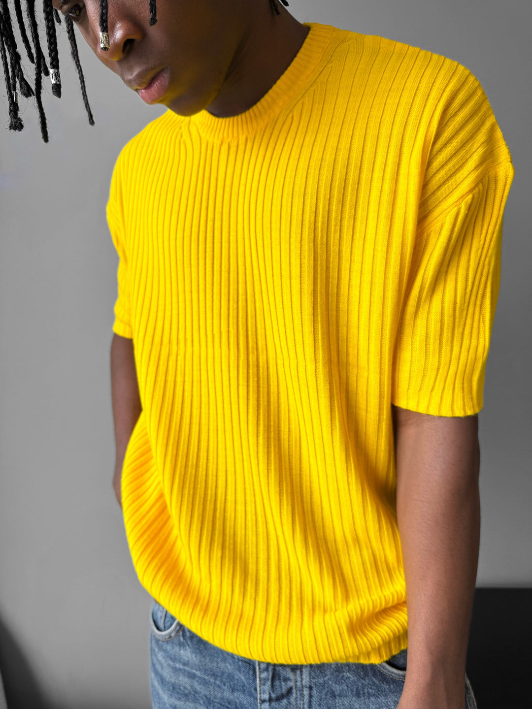 Loose Fit Ribbed Knit T-Shirt - Yellow