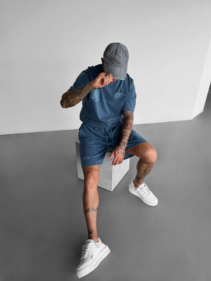 Oversize Printed Washed T-shirt - Blue