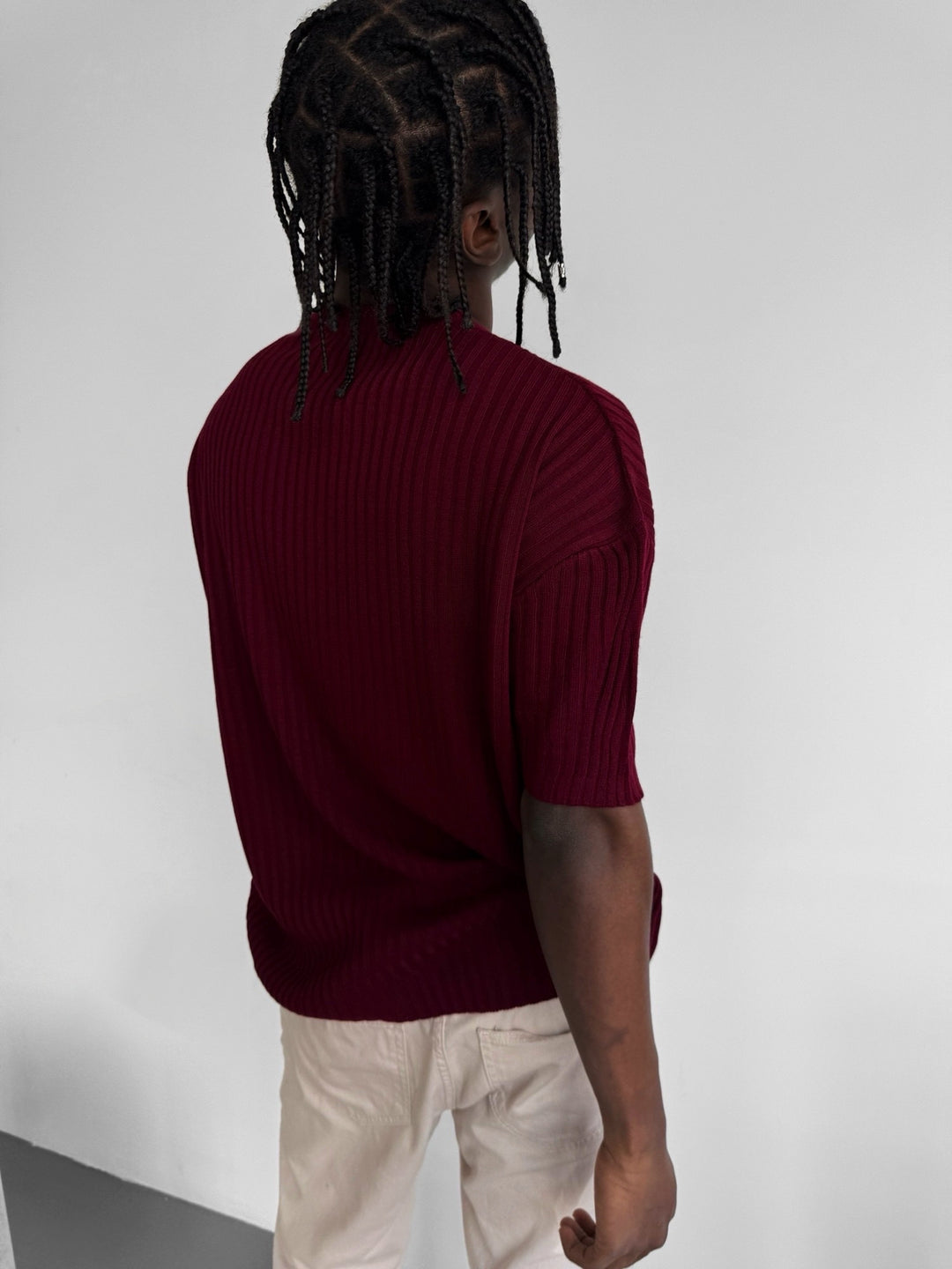 Loose Fit Ribbed Knit T-Shirt - Bordeaux