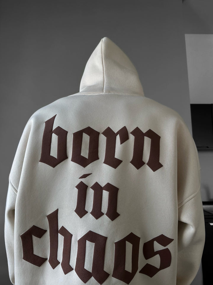 Oversize “Born in Chaos” Hoodie - Beige