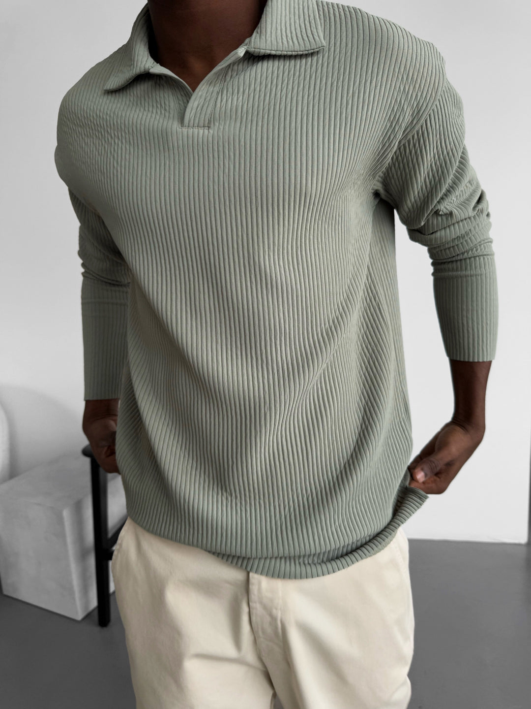 Oversize Ribbed Long Arm Polo T-shirt - Green