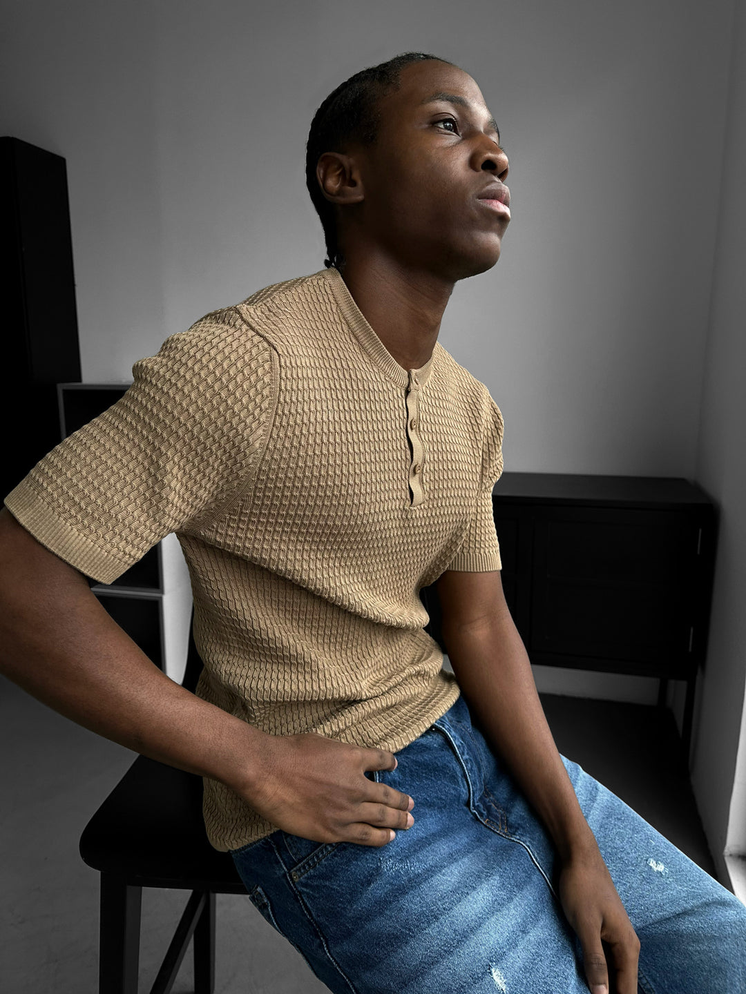 Regular Fit Waffle Button T-shirt - Camel