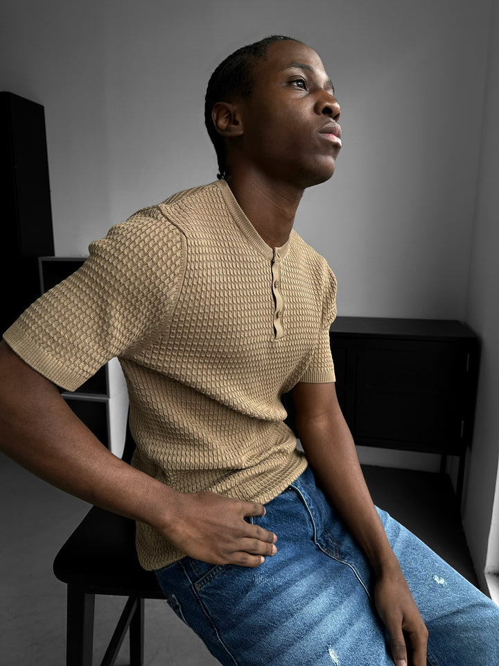 Regular Fit Waffle Button T-shirt - Camel