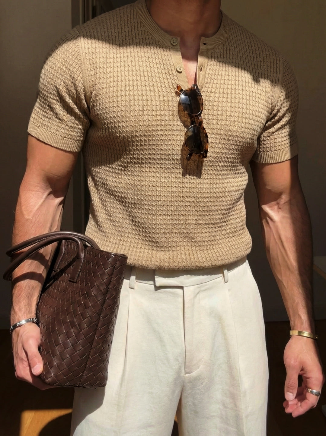 Regular Fit Waffle Button T-shirt - Camel