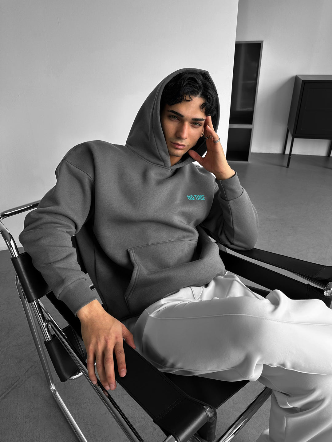 Oversize “No Time for Nonsense” Hoodie - Anthracite and Blue