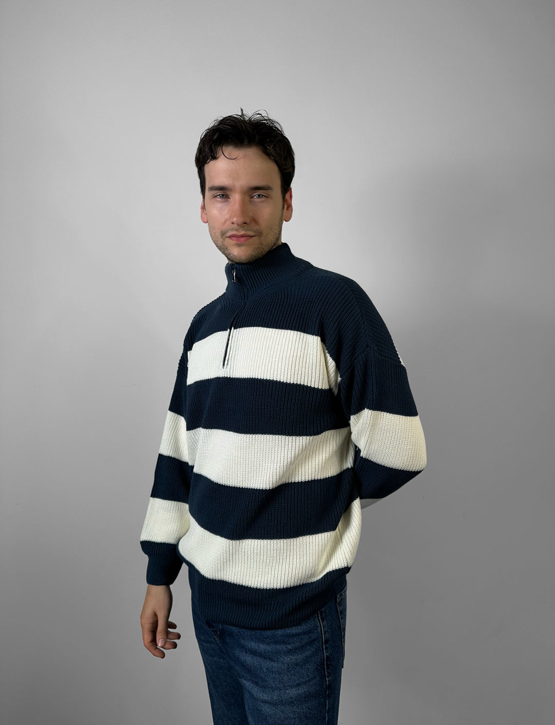 Oversize Zipper Long Pullover - Navy Blue