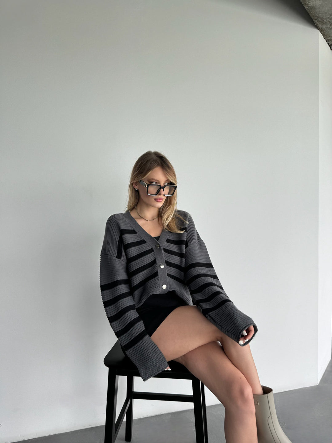 Oversize Textured Knit Cardigan - Anthracite
