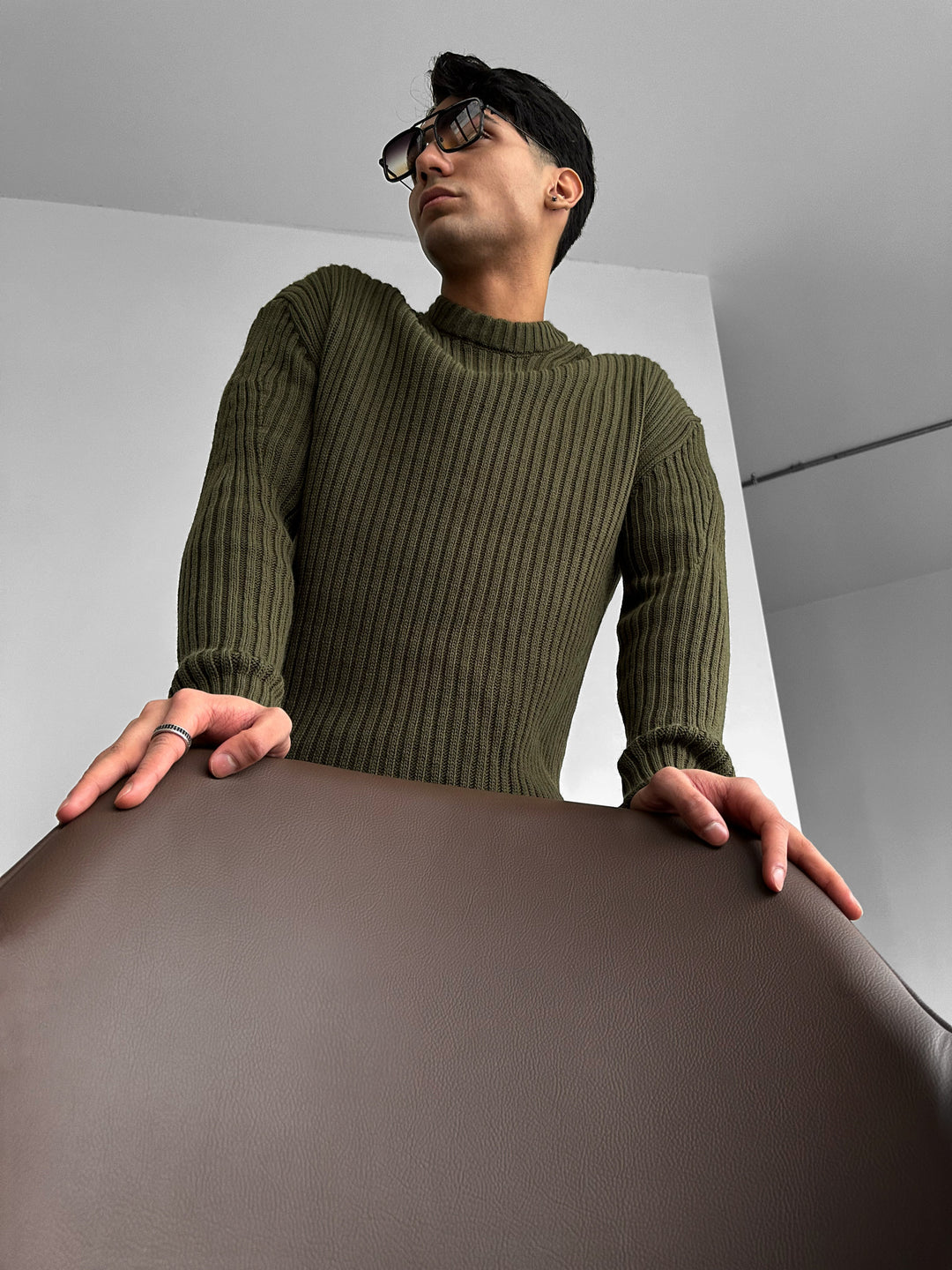 Loose Fit Striped Structure Pullover - Khaki