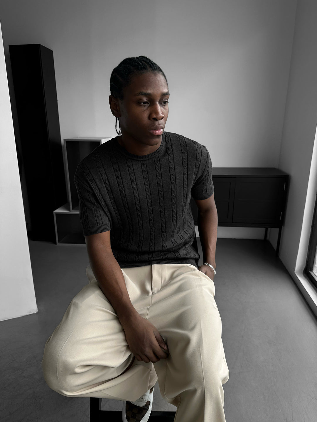 Loose Fit Braid Knit T-Shirt - Anthracite