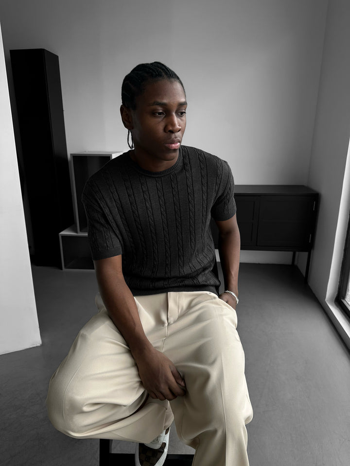 Loose Fit Braid Knit T-Shirt - Anthracite