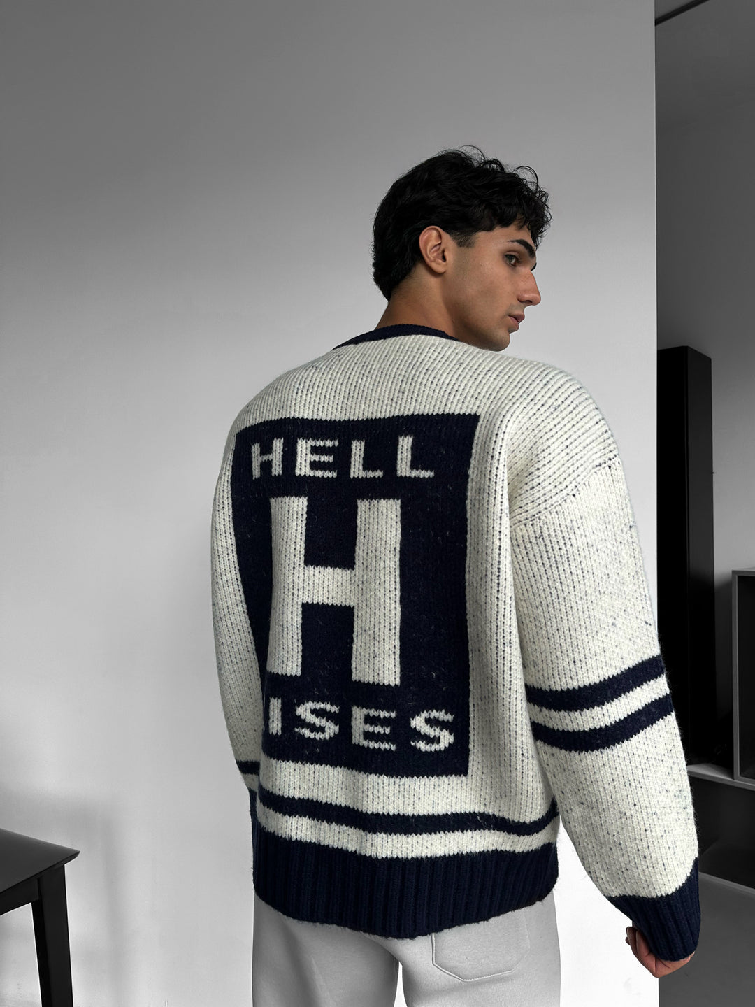 Oversize Knit Letter Sweater - Navy Blue