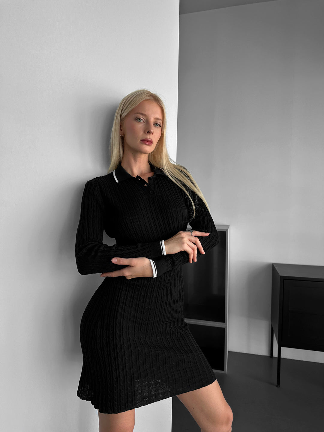 Mini Polo Knit Dress - Black